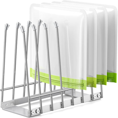Plastic Bag Drying Rack, Metal Reusable Silicone Ziplock Bag & Bottle Drying Stand, Lerine Drying Rack Kitchen Organizer, Silver