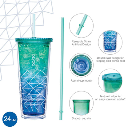 bzyoo SIP 24oz (710ml) Double Wall Plastic Tumbler with Lid and Straw Cold Drink Travel Mug Reusable Party Cup Perfect for Office Ice Coffee or Tea and Gift Color: Pink & Purple