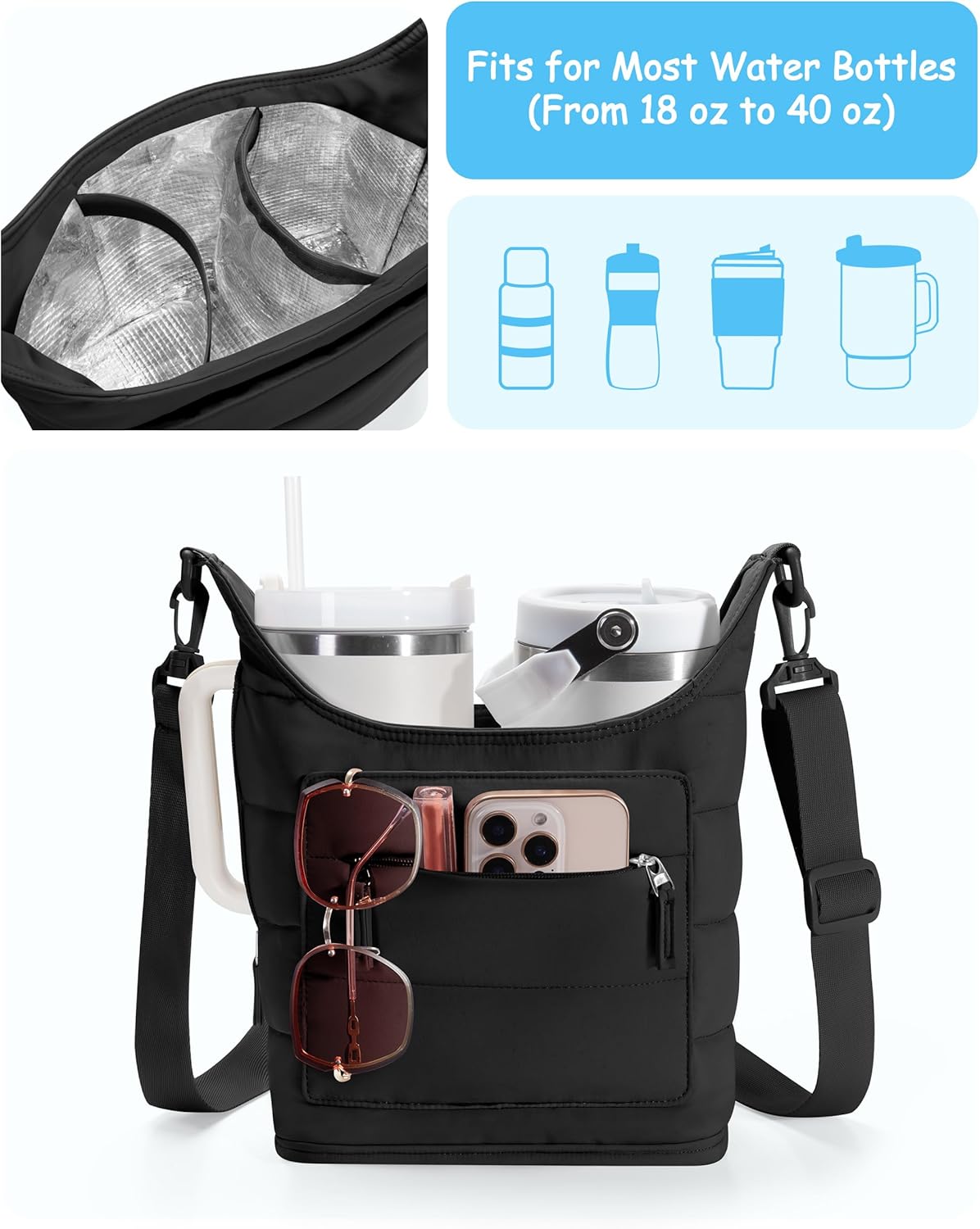 Water Bottle Holder with Strap for 2 Cups, Water Bottle Sling Bag with Phone Pocket, Tumbler Carrier Bag for Walking, Hiking, Camping
