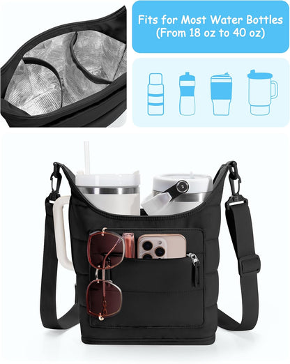 Water Bottle Holder with Strap for 2 Cups, Water Bottle Sling Bag with Phone Pocket, Tumbler Carrier Bag for Walking, Hiking, Camping