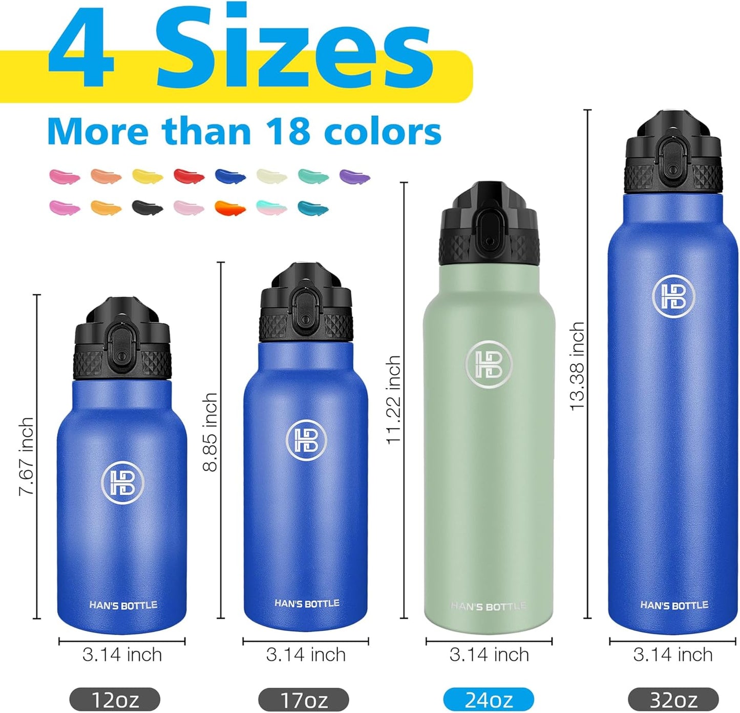 Han's Bottle Sports Water Bottle - 24 Oz, Straw Lid, Leak Proof, Vacuum Insulated Stainless Steel, Double Walled, Thermo Mug,Black
