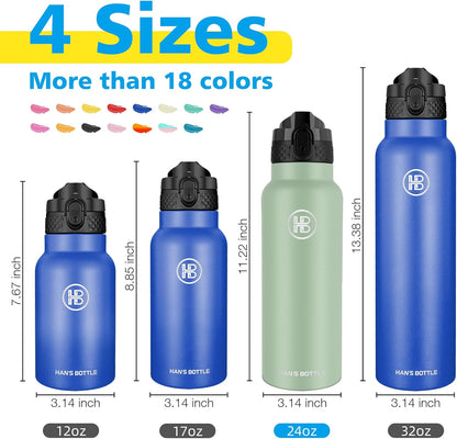 Han's Bottle Sports Water Bottle - 24 Oz, Straw Lid, Leak Proof, Vacuum Insulated Stainless Steel, Double Walled, Thermo Mug,Black