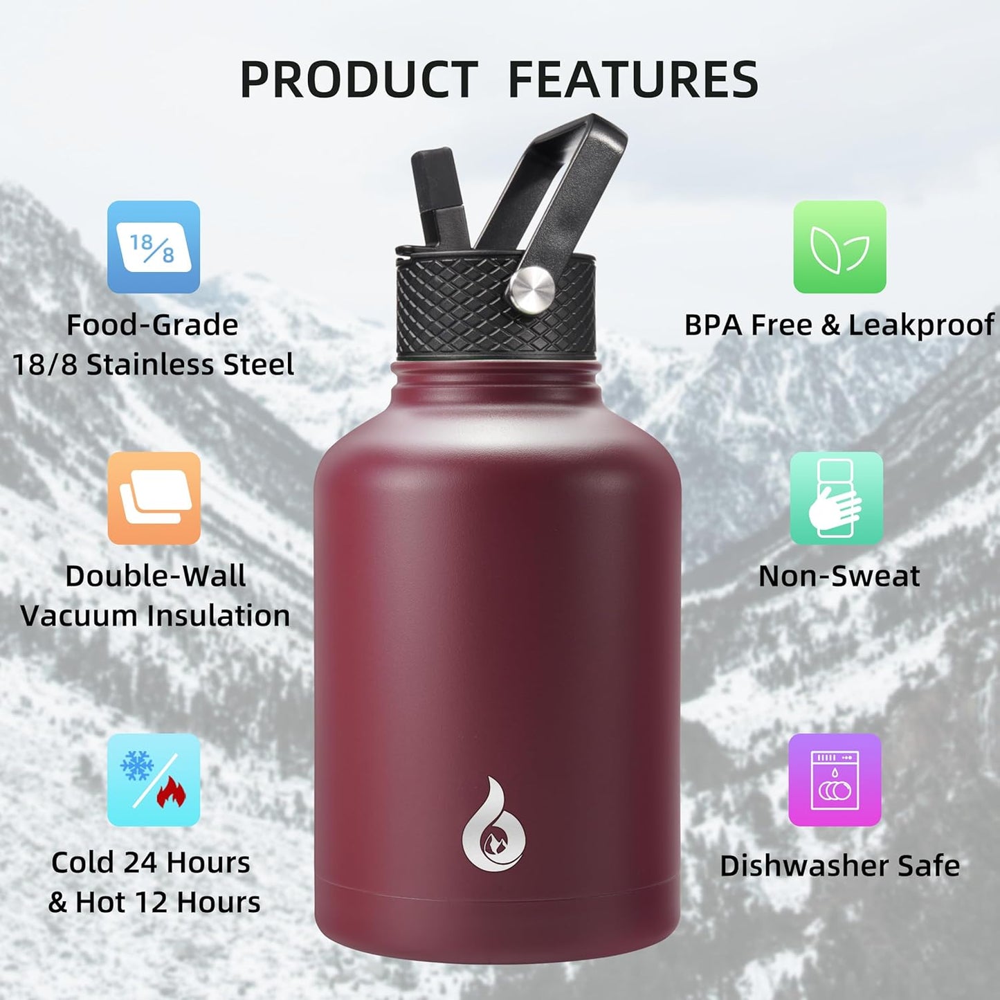 BJPKPK Insulated Water Bottles with Straw Lid, 40oz Stainless Steel Water Bottles with 3 Lids, BPA Free Leakproof Thermo, Tumblers, Cups for Sports, Gym- Midnight - Colors B