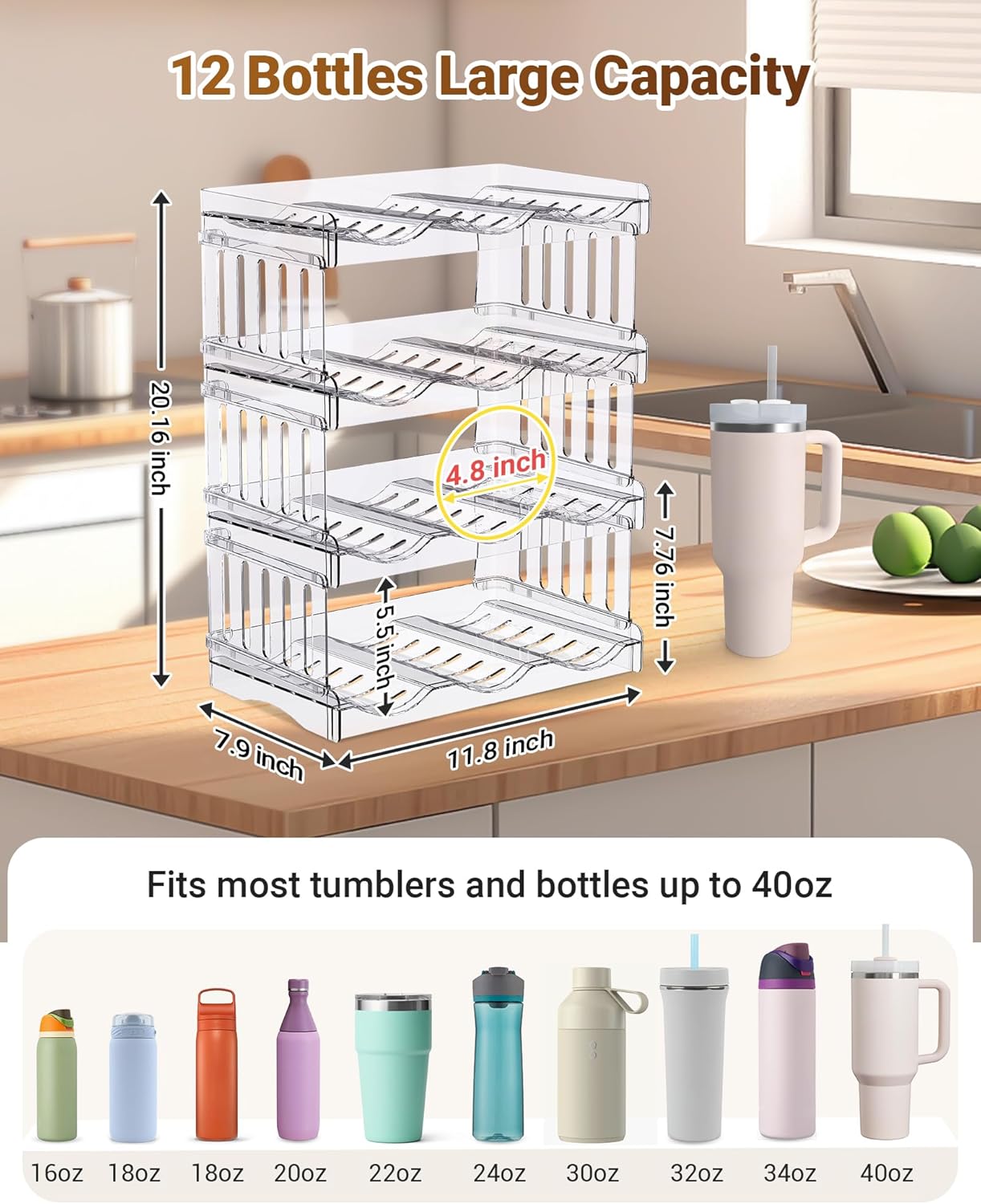 Gracenal Large Tumbler Organizer for Stanley Cup 40 oz, Patented Kitchen Pantry Organizers and Storage for Stanley Cup Accessories, Stackable Water Bottle Organizer Holder Gifts 4Pack Large-12-bottle