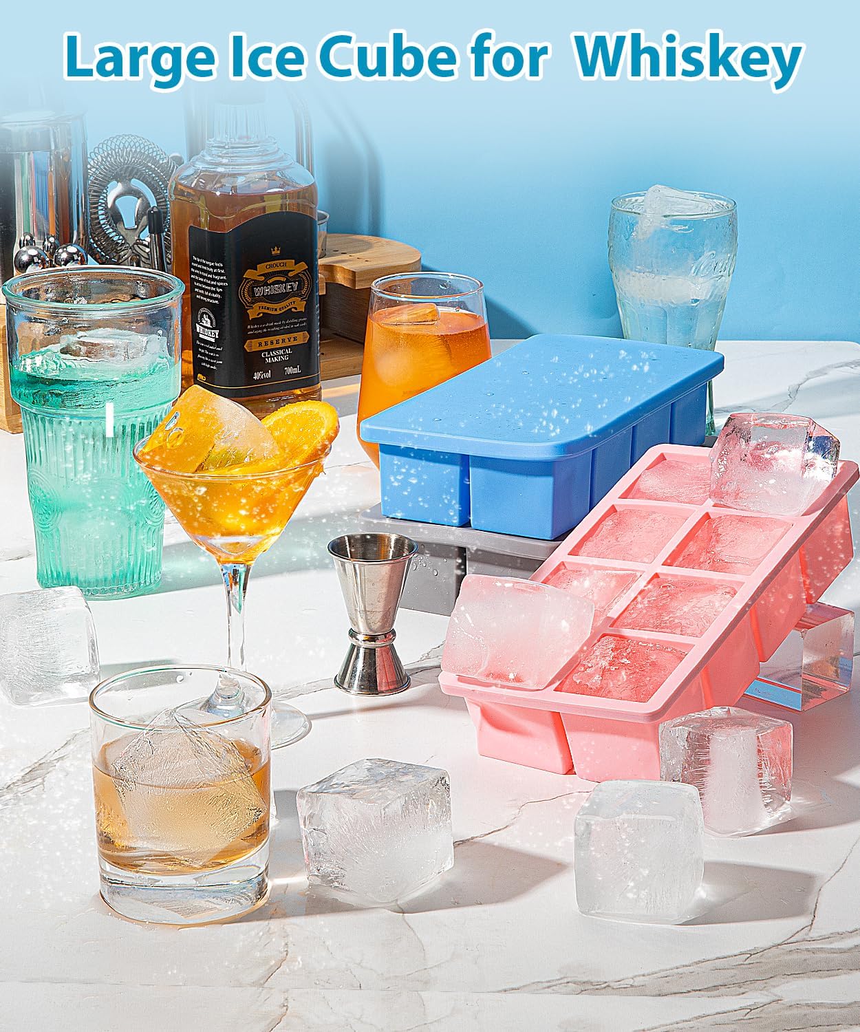 Large Ice Cube Tray 2 Pack, Lxndaser 2 Inch Silicone Ice Cube Molds for Whisky, Cocktail, Big Square Silicone Ice Trays With Lid, Leak-Proof Stackable Design for Freezer, Iced Coffee, Bourbon Drinks