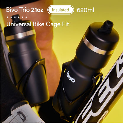 Bivo Trio 21oz Insulated Stainless Steel Bike Water Bottle - for Cycling - Fits Most Cages, Dishwasher Safe - Keeps Drinks Cold 12+ Hours - True Blue
