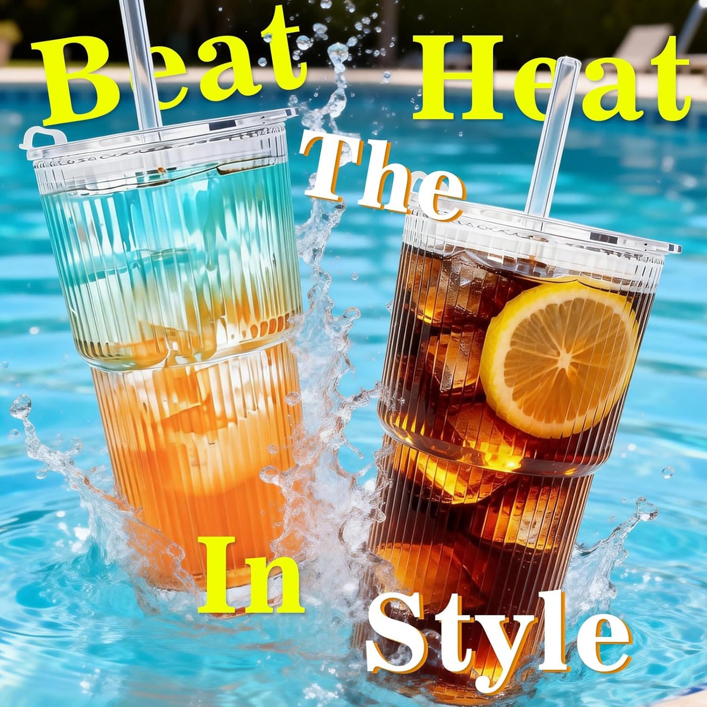 Clear Iced Coffee Cups with Lids - 4 Pack, 20oz Reusable Glass Cups with Lids and Straws, Drinking Tumblers for Cocktail Beer, Juice, Smoothie, Coffee Bar, Housewarming Gifts - Dishwasher Safe