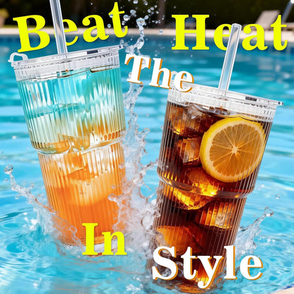 Clear Iced Coffee Cups with Lids - 4 Pack, 20oz Reusable Glass Cups with Lids and Straws, Drinking Tumblers for Cocktail Beer, Juice, Smoothie, Coffee Bar, Housewarming Gifts - Dishwasher Safe