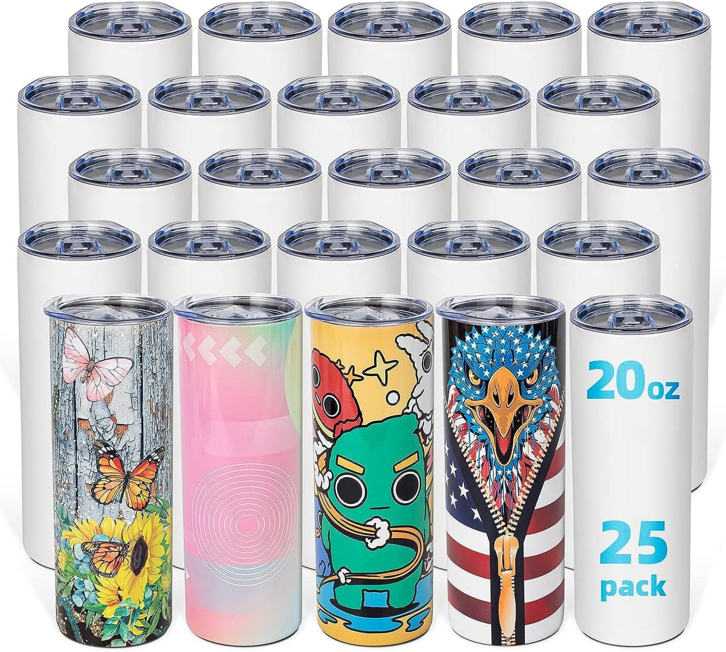 8 Pack 20oz Sublimation Tumbler Blanks Skinny Straight in Bulk, Stainless Steel Insulated Sublimation Tumbler with Polymer Coating for Heat Transfer, With Lid, Straw, ribbon, Gift box