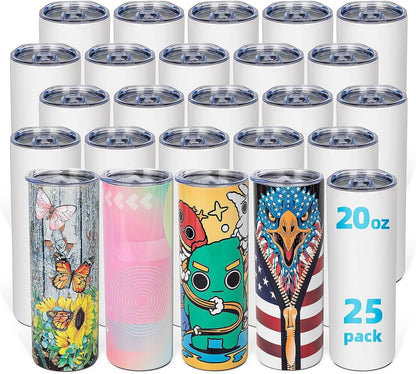 8 Pack 20oz Sublimation Tumbler Blanks Skinny Straight in Bulk, Stainless Steel Insulated Sublimation Tumbler with Polymer Coating for Heat Transfer, With Lid, Straw, ribbon, Gift box