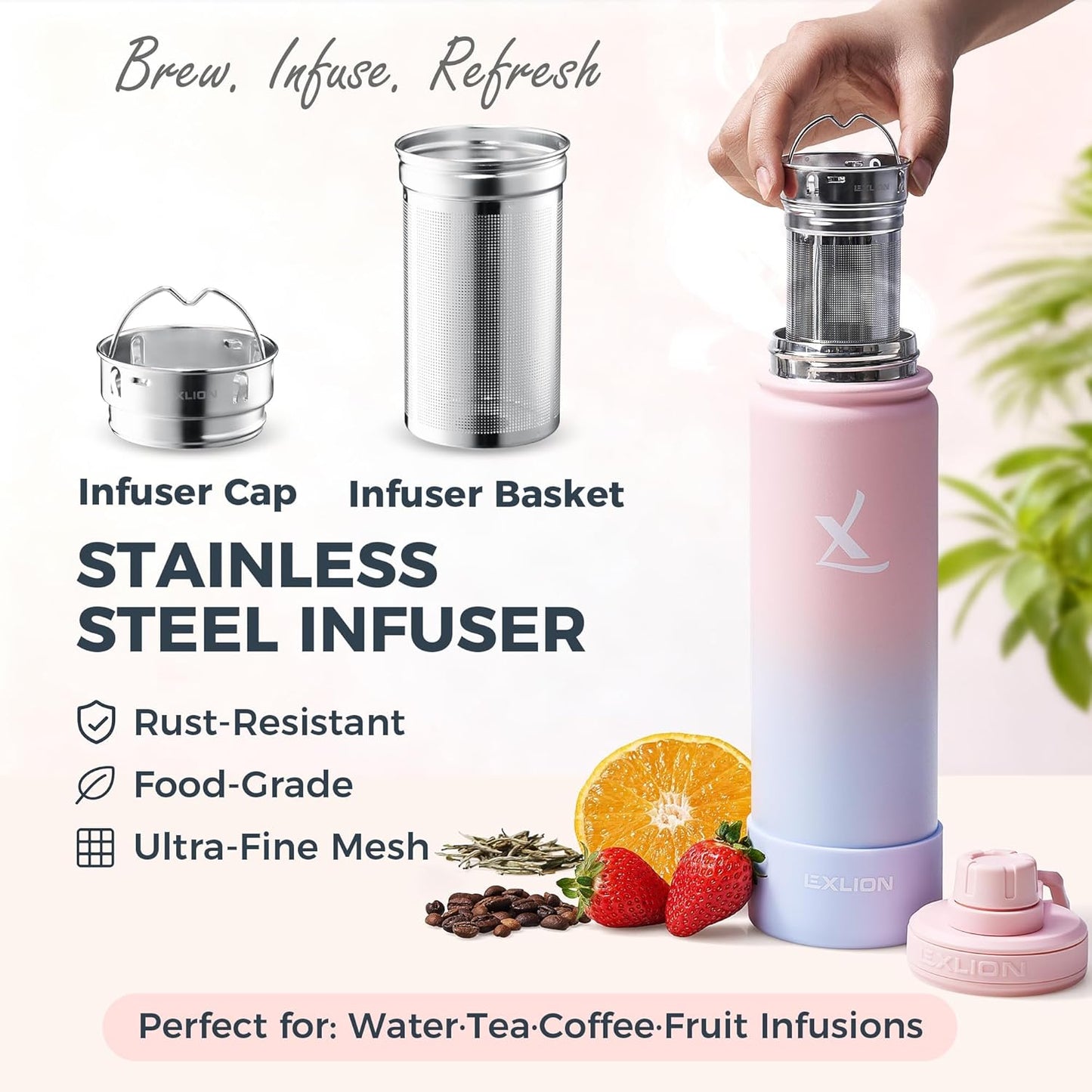 Lexlion Tea Infuser Water Bottle 32 Oz – Triple Wall Insulated Stainless Steel, Loose Leaf & Fruit Strainer, 3 Leakproof Lids, BPA-Free Silicone Sleeve, Reusable Thermal Mug