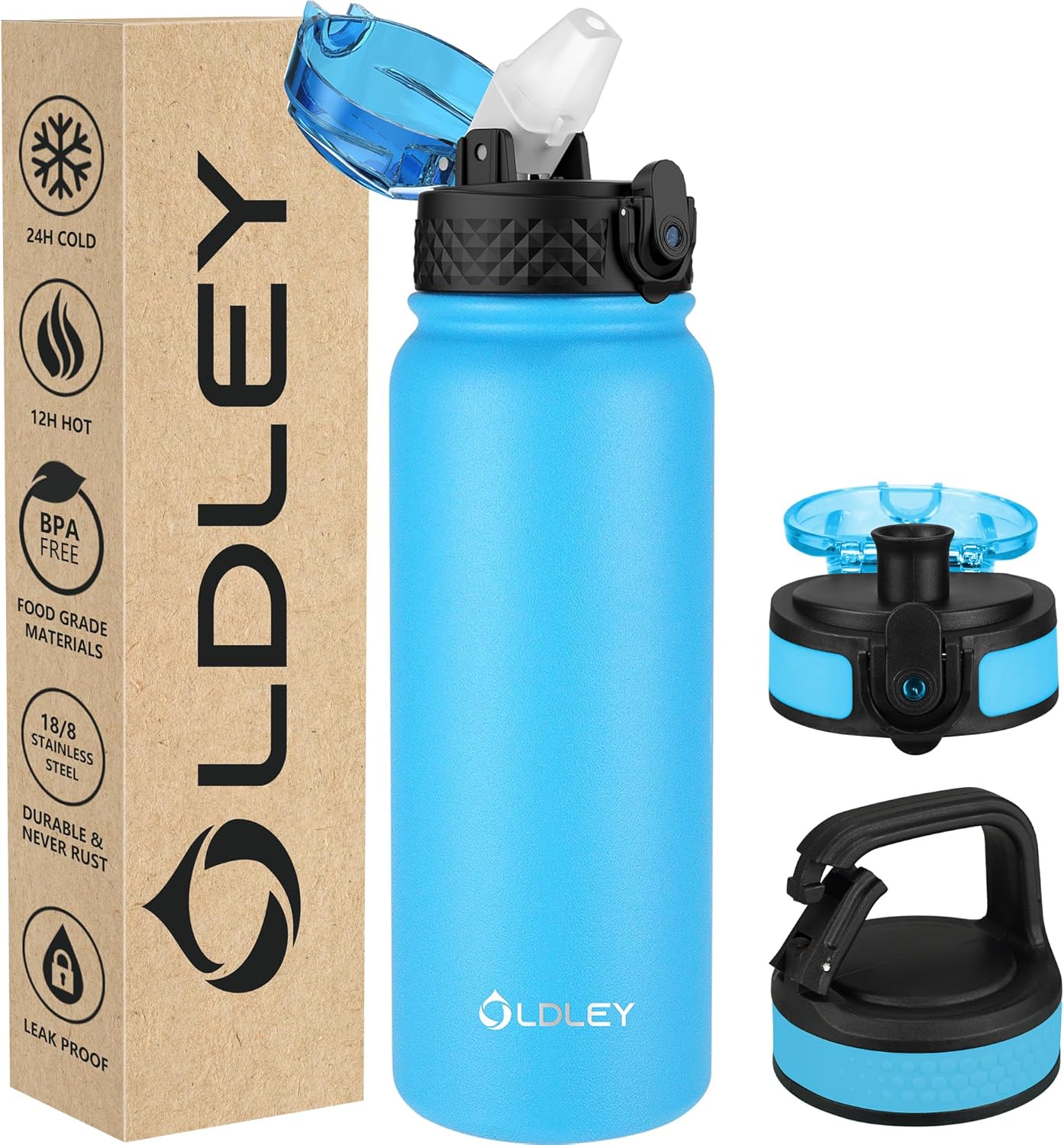 Oldley Insulated Water Bottle 20oz for Adults Kids Stainless Steel Water Bottles with Straw/Chug/Carabiner 3 Lids Fruit Strainer Double Wall Vacuum Wide Mouth BPA Free Leak-Proof for School Travel