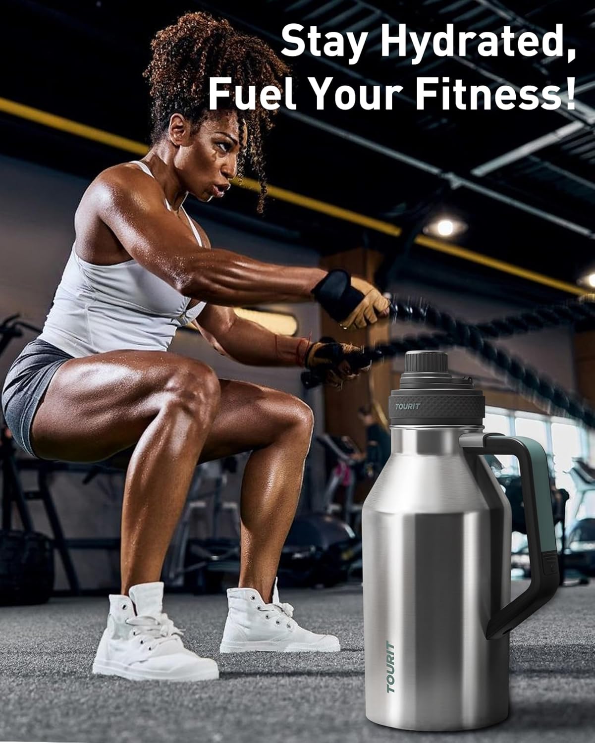 TOURIT 32oz Stainless Steel Wide Mouth Water Bottle, Double-Wall Vacuum Insulation with Spout Lid for Sports and Travel, Black