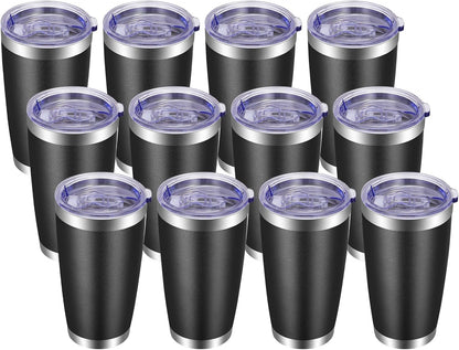 VEGOND 20oz Tumbler with Lid and Straw Stainless Steel Tumbler Cup Bulk Vacuum Insulated Double Wall Travel Coffee Mug Powder Coated Coffee Cup, Black, 12 Pack