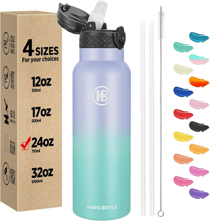 Han's Bottle Sports Water Bottle - 24 Oz, Straw Lid, Leak Proof, Vacuum Insulated Stainless Steel, Double Walled, Thermo Mug,Black