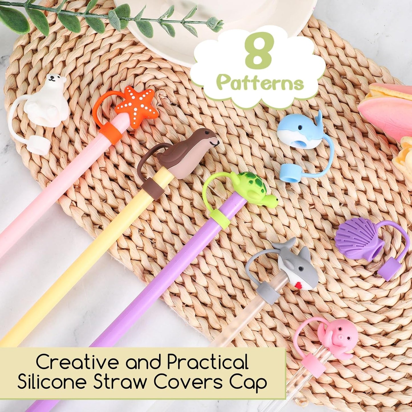 8 Pcs Animal Straw Cover Cap, Silicone Straw Topper for Stanley 30&40 Oz Tumbler Cute Straws Cap in Various Shapes, Straws Covers for 0.4 Inch/10 mm Tips Gifts for Women Girls Teens