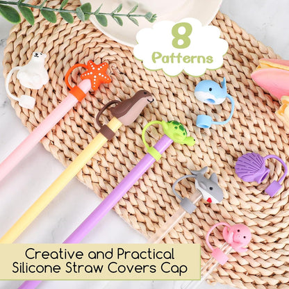 8 Pcs Animal Straw Cover Cap, Silicone Straw Topper for Stanley 30&40 Oz Tumbler Cute Straws Cap in Various Shapes, Straws Covers for 0.4 Inch/10 mm Tips Gifts for Women Girls Teens