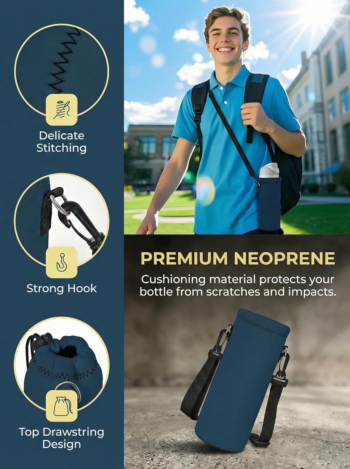 Neoprene 500ML/750ML/1000ML Water Bottle Bag Carrier, Portable Insulated Bottle Sling Holder Case Pouch with Adjustable Shoulder Strap for Men Women Walking Hiking Running