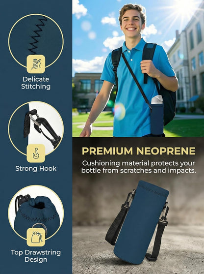 Neoprene 500ML/750ML/1000ML Water Bottle Bag Carrier, Portable Insulated Bottle Sling Holder Case Pouch with Adjustable Shoulder Strap for Men Women Walking Hiking Running