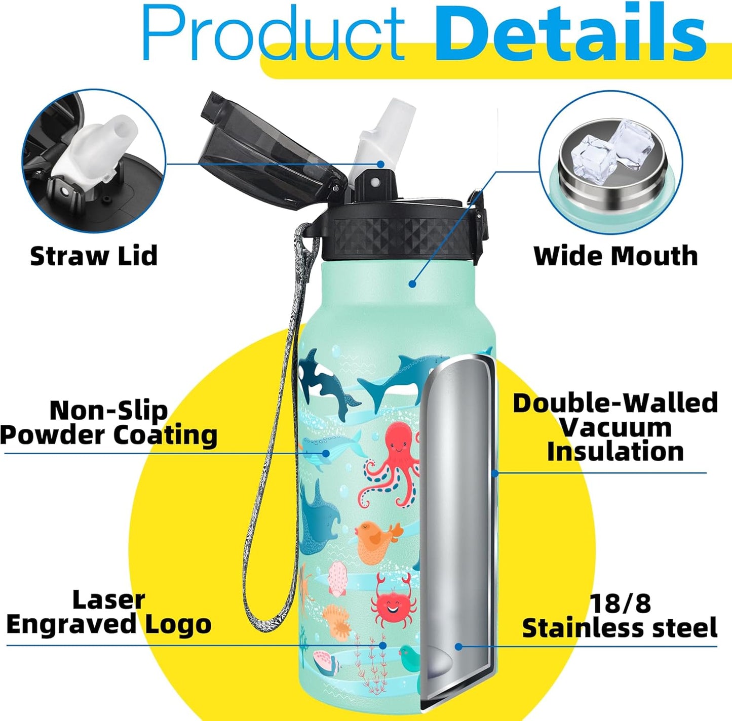 Han's Bottle Sports Water Bottle - 24 Oz, Straw Lid, Leak Proof, Vacuum Insulated Stainless Steel, Double Walled, Thermo Mug,Black