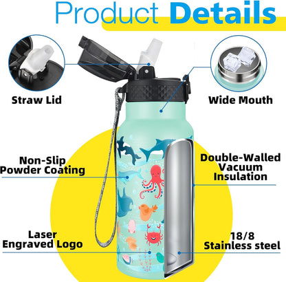 Han's Bottle Sports Water Bottle - 24 Oz, Straw Lid, Leak Proof, Vacuum Insulated Stainless Steel, Double Walled, Thermo Mug,Black