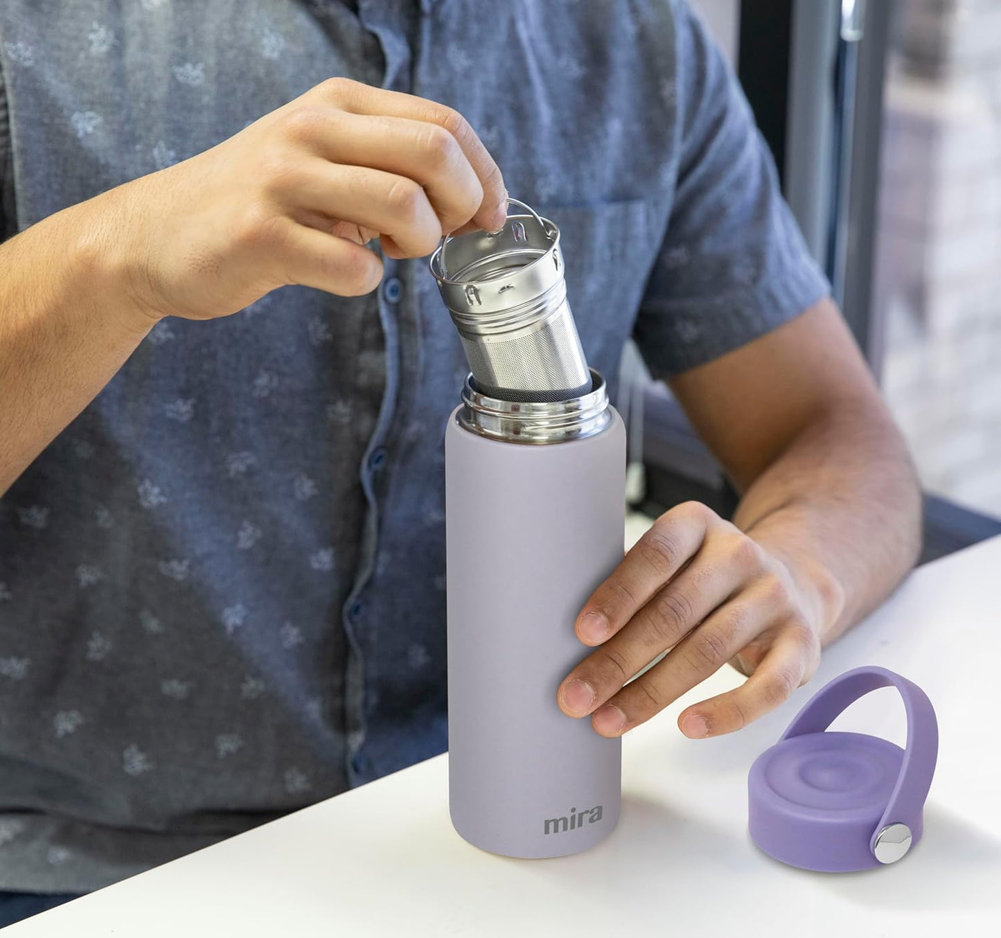 MIRA 18 oz Tea Infuser Thermo - Stainless Steel Travel Bottle with Removable Strainer for Loose Leaf Tea - Insulated Hot & Cold Brew Steeper - White