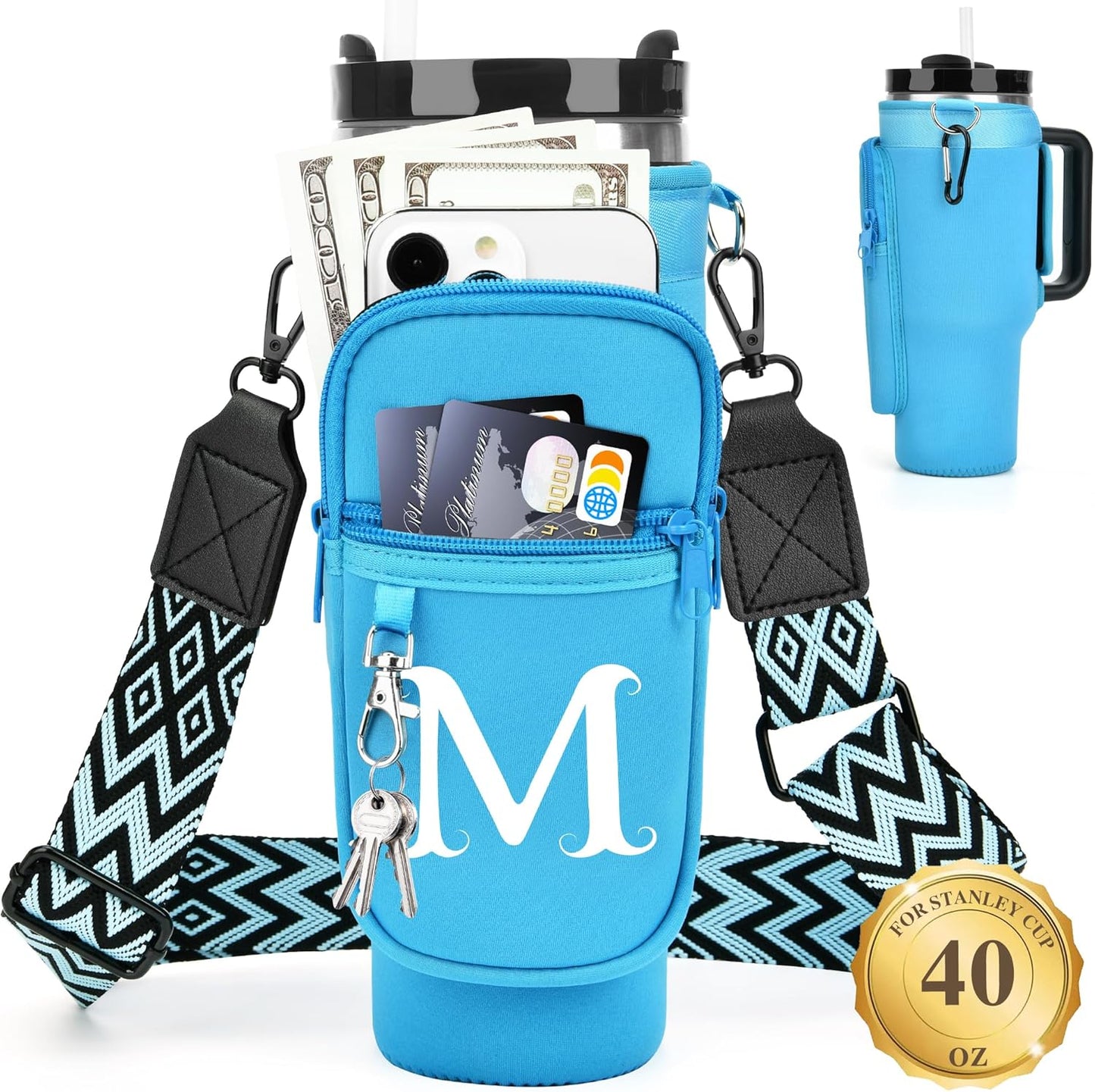 LOKASS Personalized Water Bottle Holder with Strap for Stanley Cup Accessories 40 oz, Initial for Stanley Cup Holder Carrier Bag with Phone Pocket, Stylish Tumbler Accessories for Daily Use Hands-Free