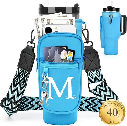 LOKASS Personalized Water Bottle Holder with Strap for Stanley Cup Accessories 40 oz, Initial for Stanley Cup Holder Carrier Bag with Phone Pocket, Stylish Tumbler Accessories for Daily Use Hands-Free