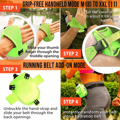 2-in-1 Running Fun: Handheld 12 Oz Water Bottle & Running Belt Add-On. No-Grip Design Straps on Hand & Slides on Belt. Waterproof Pocket for Money, Keys. Maximize Time, Freedom & Health