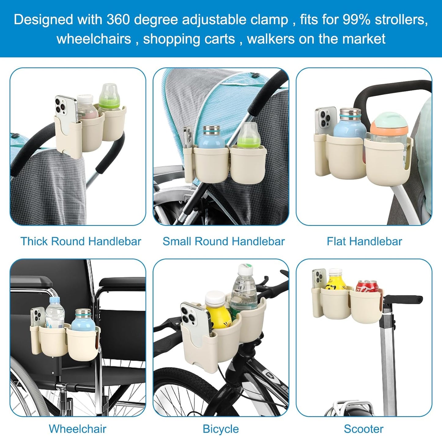 Accmor Stroller Cup Holder with Phone Holder, Bike Cup Holder, Universal Cup Holder for Uppababy Nuna Doona Strollers, 2-in-1 Cup Holder for Walker, Wheelchair, Scooter - Colors B