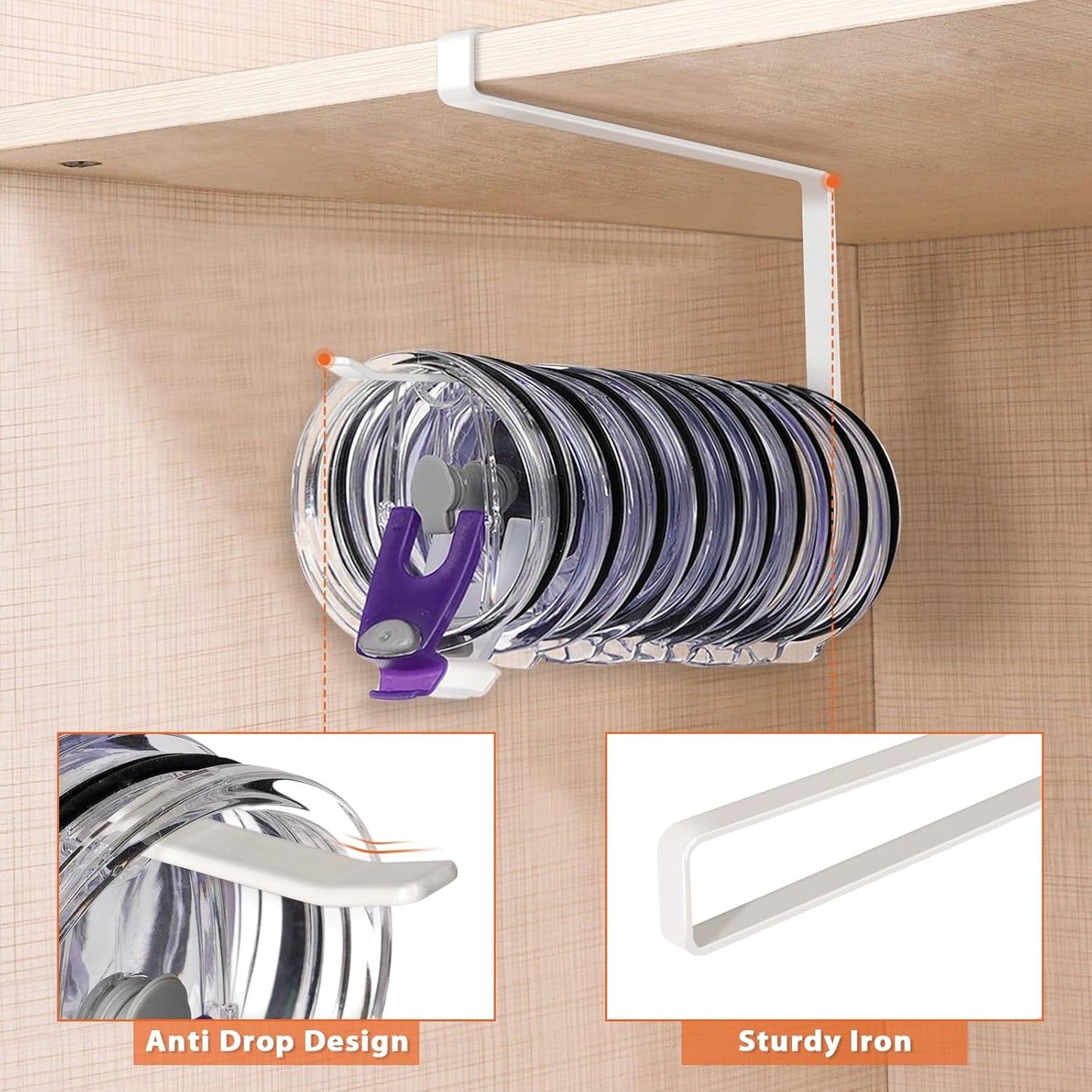 Tumbler Lid Organizer, Horizontal Tumbler Lid Storage Hook Up to 10 Lids, Space Saving Cup Lid Holders Under Cabinet Tumbler Lid Hook for Kitchen Organizer and Storage,Hanging Paper Towel Rack Hanger