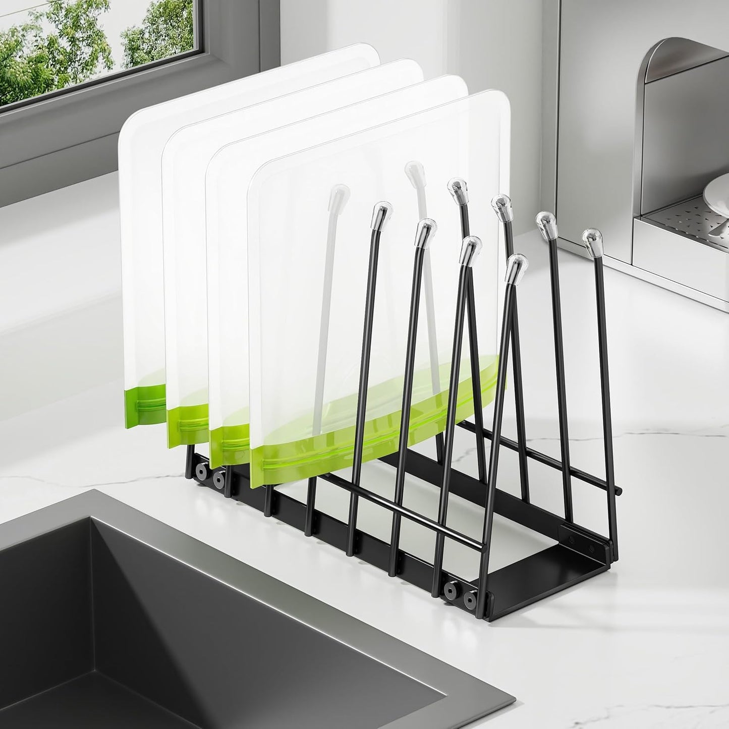 Plastic Bag Drying Rack, Metal Reusable Silicone Ziplock Bag & Bottle Drying Stand, Lerine Drying Rack Kitchen Organizer, Silver
