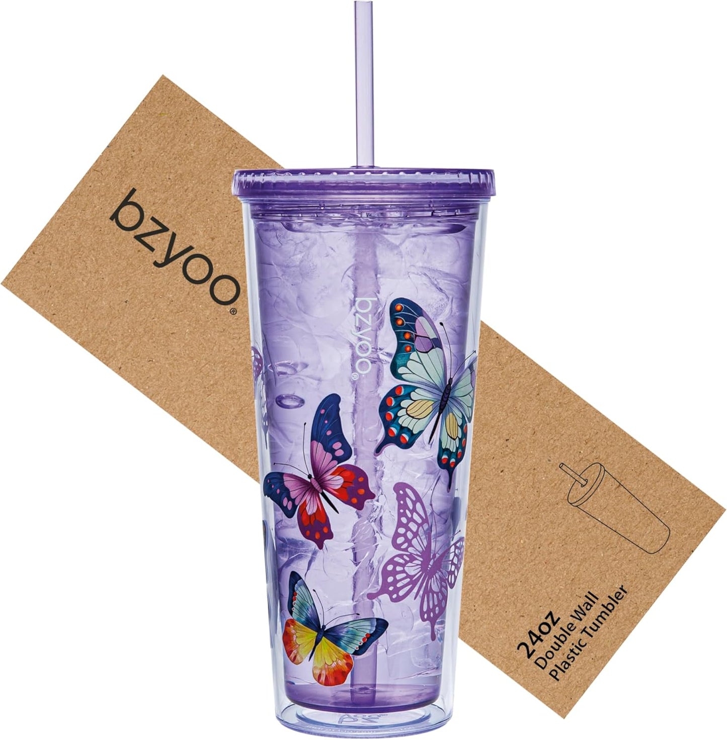 bzyoo SIP 24oz (710ml) Double Wall Plastic Tumbler with Lid and Straw Cold Drink Travel Mug Reusable Party Cup Perfect for Office Ice Coffee or Tea and Gift Color: Pink & Purple