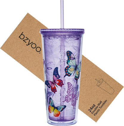 bzyoo SIP 24oz (710ml) Double Wall Plastic Tumbler with Lid and Straw Cold Drink Travel Mug Reusable Party Cup Perfect for Office Ice Coffee or Tea and Gift Color: Pink & Purple