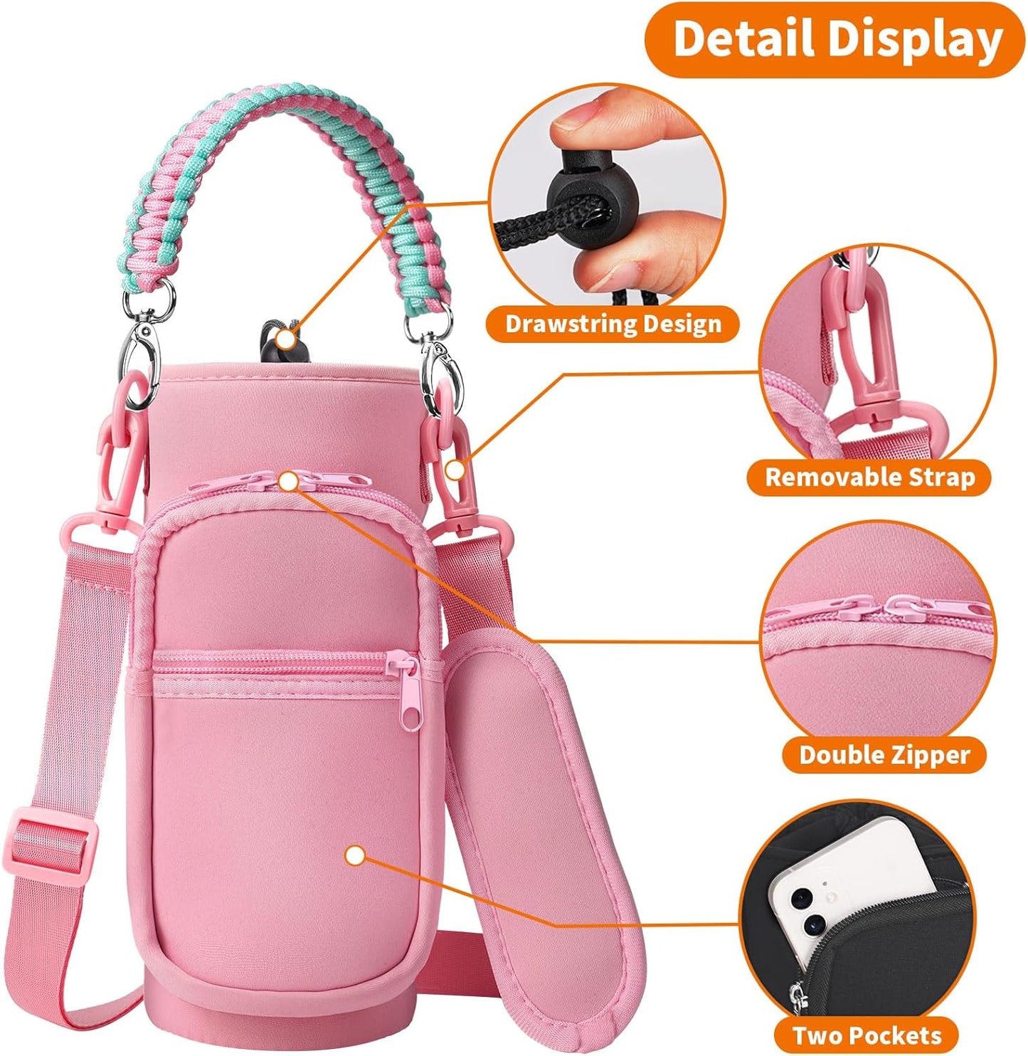 AceTreker 32/40/64/128 oz Neoprene Insulated Water Bottle Carrier Bag, Sling Bag Sleeve Pouch Holder with Strap & Paracord Handle and 2 Pocket for Travelling, Hiking, Camping
