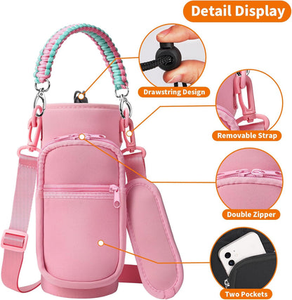 AceTreker 32/40/64/128 oz Neoprene Insulated Water Bottle Carrier Bag, Sling Bag Sleeve Pouch Holder with Strap & Paracord Handle and 2 Pocket for Travelling, Hiking, Camping