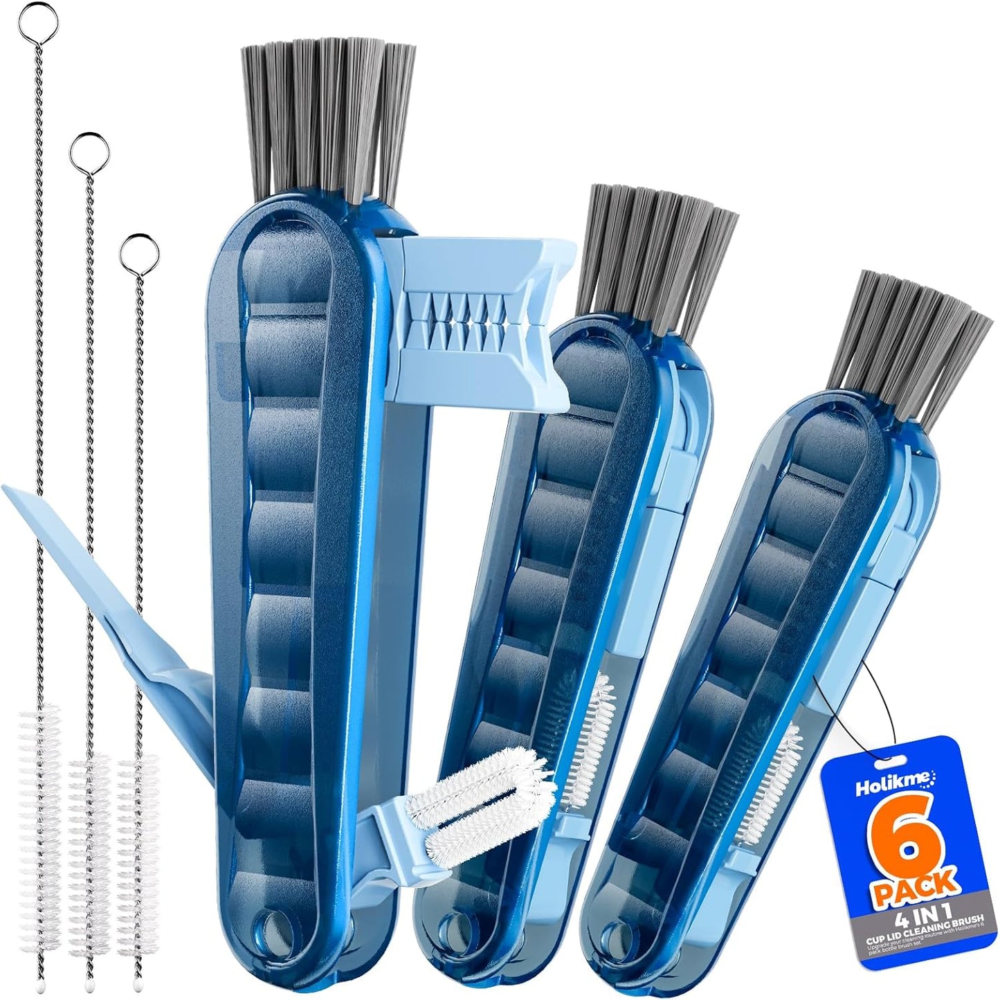 6 PACK Holikme 4 in 1 Cup Lid Cleaning Brush Set with 3 Straws, Multifunctional Bottle Brush, Silicone Cup Lid Gap Cleaner, Durable Bristle Crevice Cleaning Brush,Flat End Brushes,Navy & Black & Olive