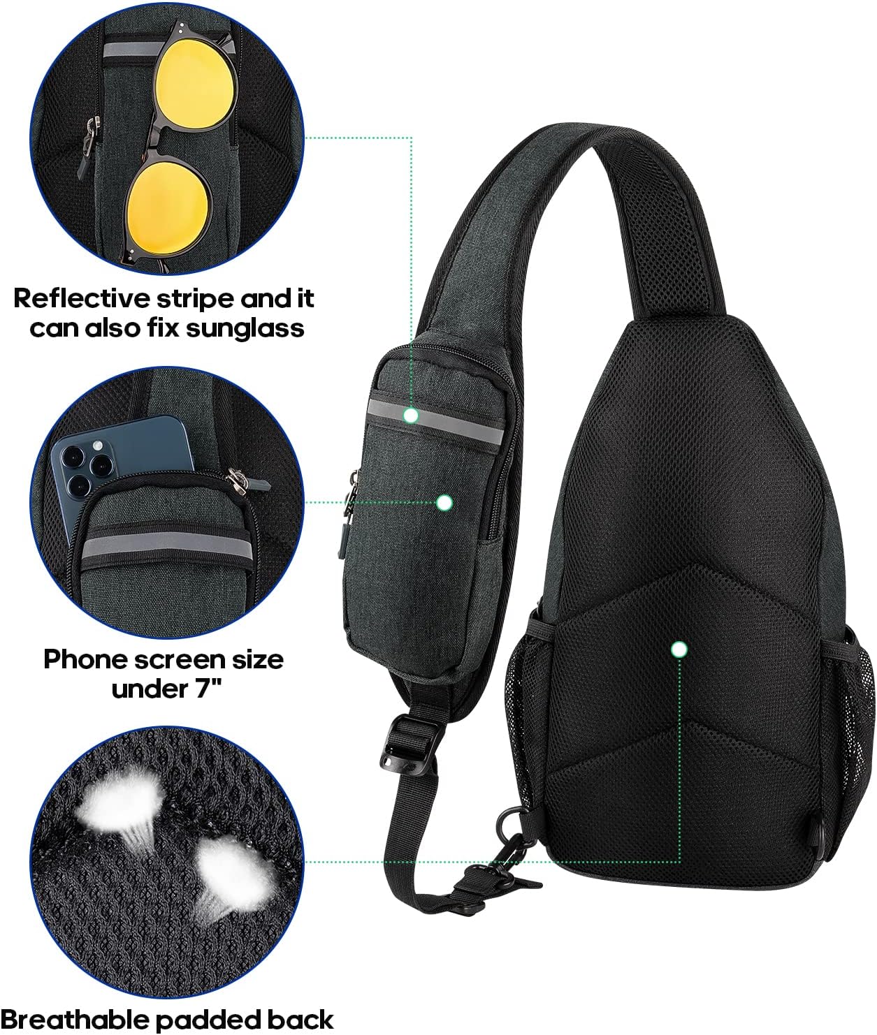 WATERFLY Crossbody Sling Backpack Sling Bag Travel Hiking Chest Bag Daypack (Black)