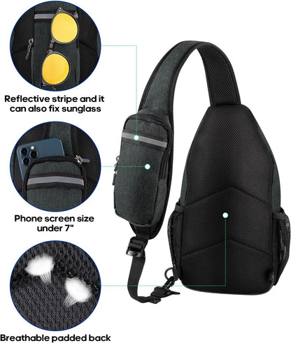 WATERFLY Crossbody Sling Backpack Sling Bag Travel Hiking Chest Bag Daypack (Black)
