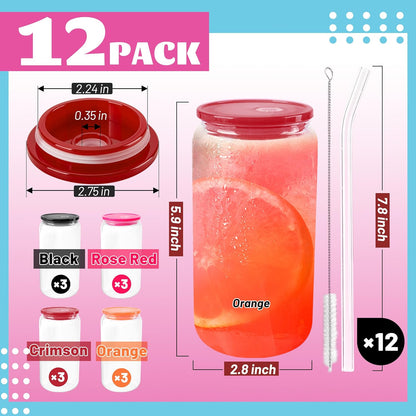 Joyclub 8pcs 16 oz Glass Cups with Acrylic Lids and Straws Can Shaped Iced Coffee Glasses Cute Tumbler Set Drinking Jars for Smoothie Soda Boba Beer Party Housewarming Gifts