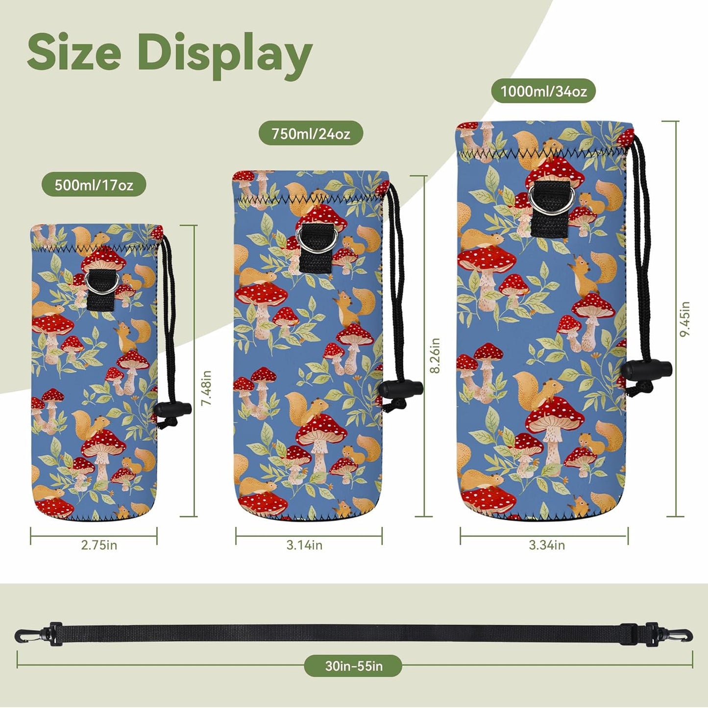 Neoprene 500ML/750ML/1000ML Water Bottle Bag Carrier, Portable Insulated Bottle Sling Holder Case Pouch with Adjustable Shoulder Strap for Men Women Walking Hiking Running