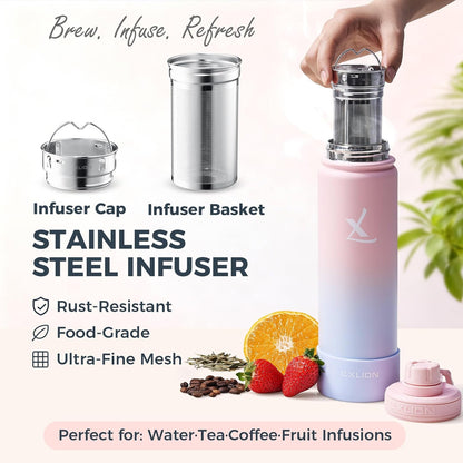 Lexlion Tea Infuser Water Bottle 32 Oz – Triple Wall Insulated Stainless Steel, Loose Leaf & Fruit Strainer, 3 Leakproof Lids, BPA-Free Silicone Sleeve, Reusable Thermal Mug