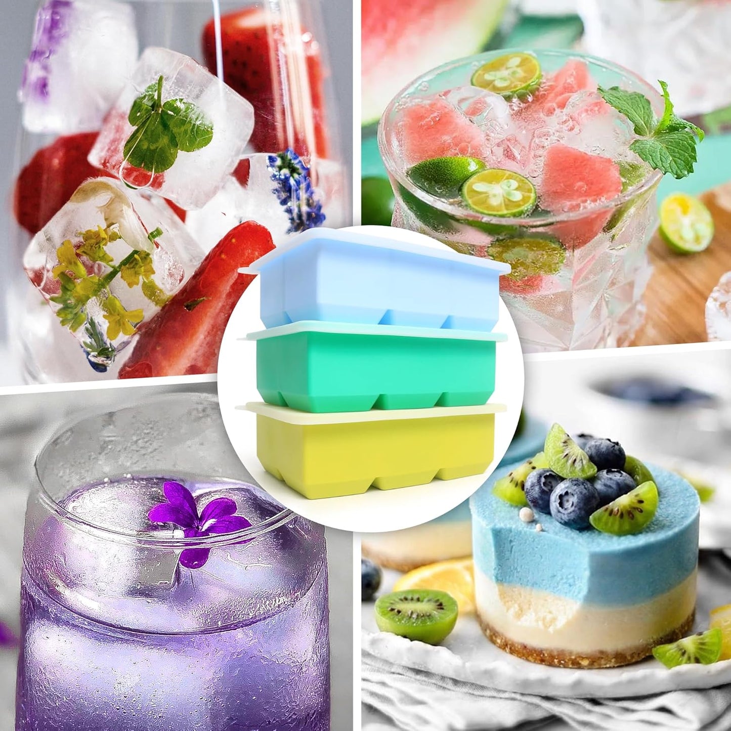 Excnorm Silicone Ice Cube Trays 3 Pack - Large Size Silicone Ice Cube Molds with Leak Proof Removable Lid Square Ice Cube Tray And BPA Free for Cocktail,Whiskey, Stackable Flexible Ice