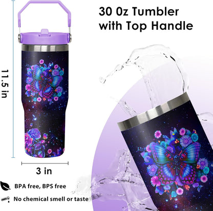 30 oz Peacock Blue Flip Straw Tumbler with Top Handle for Peacock Blue Lover Resuable Vacuum Insulated Flip Top Water bottle for Home Office Car
