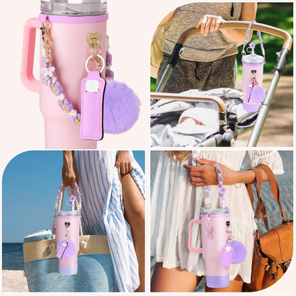 Mity rain Cup Accessories for Stanley Cup 30oz 40oz Tumbler with Handle, Including Water Bottle Handle Strap, Chapstick Holder, Boot, Keychain Charms, Straw Topper Cover Cap for Stanley (Purple)