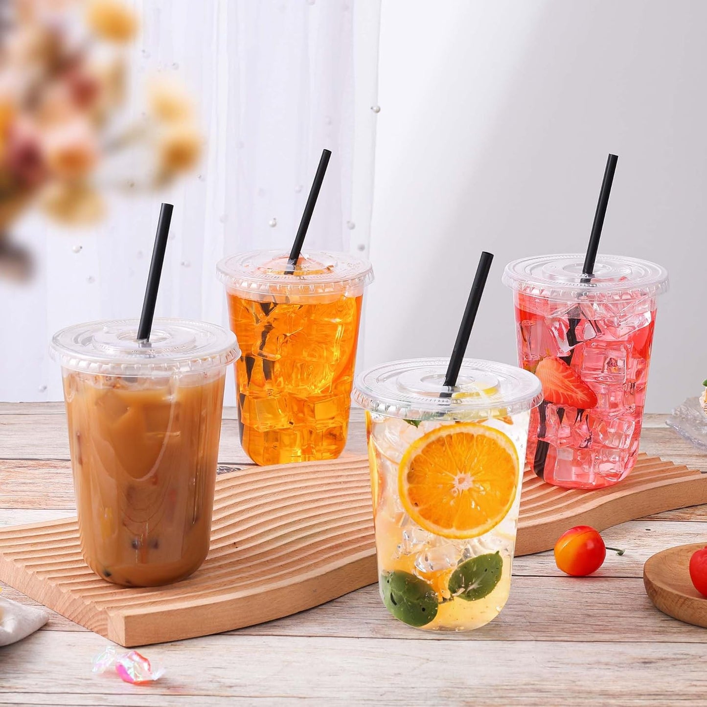 tchrules 100 Set 16oz Plastic Cups with Lids and Straws, Disposable Clear Iced Coffee Cup with Lid, Round Bottom Plastic To Go Cups for Cold Drinks Slushie Smoothie Lemonade Matcha Party Shop Supplies