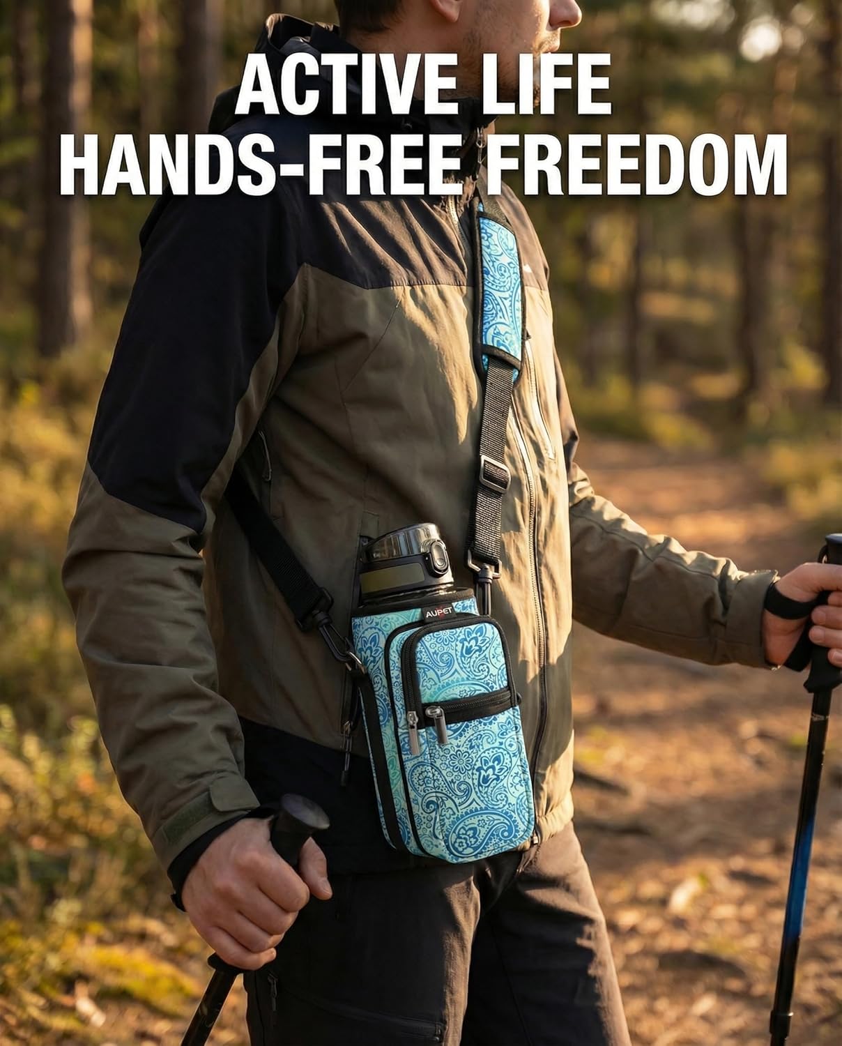 AUPET Water Bottle Sling Bag Sleeve Holder Carrier 25/32/40/64 oz,Insulated Crossbody Water Bottle Case Cover with Strap and Pockets for Men/Women Walking Hiking