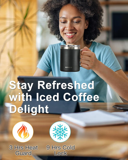 RAYMYLO Insulated Coffee Mug 12 oz, Double Wall Stainless Steel Coffee Mug with Lids, Leak-Proof & Detachable Slider Lid for Thorough Clean, Keeps Coffee Cold for 9 Hrs, Suitable for Camp Home Office
