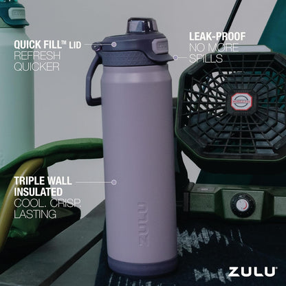 ZULU Powerfill Pro 32oz Stainless Steel Water Bottle with Quick Fill Lid, Triple Walled Vacuum Insulated Metal, Leak Proof Locking Lid, Sip and Chug, Reusable BPA Free, High Tide