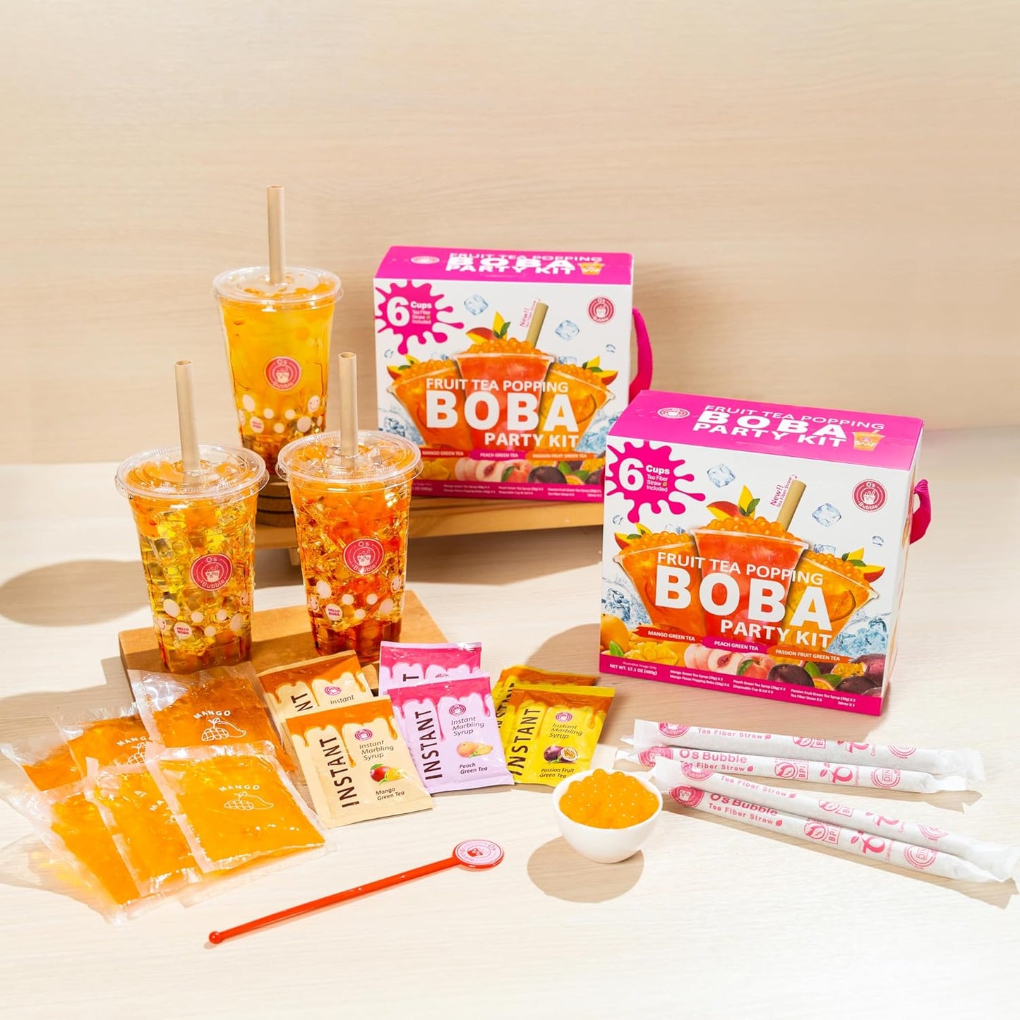 O's Bubble Boba Tea Kit - Bubble Tea Kit - All in One Boba Kit - Boba Kit for Kids - 6 Servings Includes Cups, Straws, Stirrer (Party Kit Variety Pack Upgrade) (Mixed Fruit)